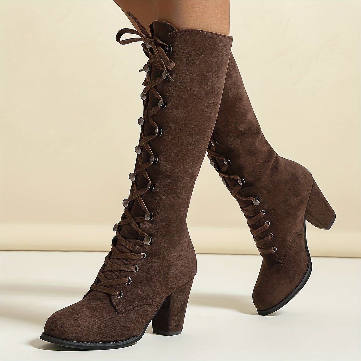 Women's Knee High Boots | Front Tie with Chunky Heel View 11