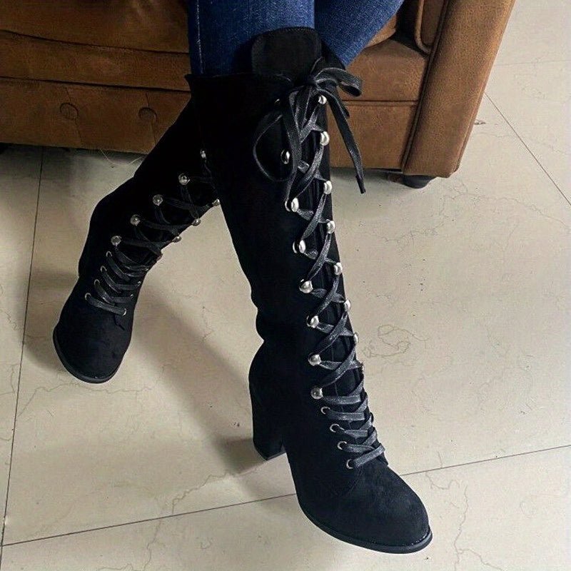 Women's Knee High Boots | Front Tie with Chunky Heel View 15