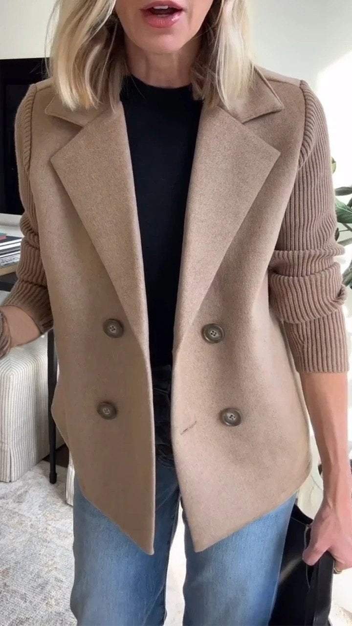 Women's Knit Double Breasted Blazer with Notched Lapel Side