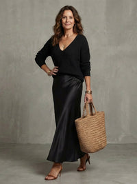 Women's Knit Layer Set | Bias Cut Satin Fall Skirt Close Up