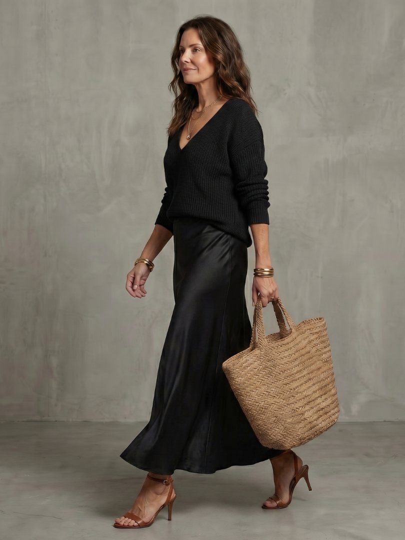 Women's Knit Layer Set | Bias Cut Satin Fall Skirt Lifestyle
