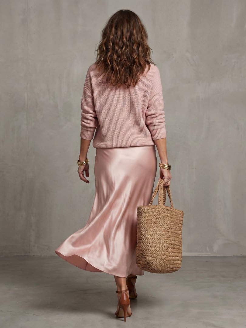 Women's Knit Layer Set | Bias Cut Satin Fall Skirt Side