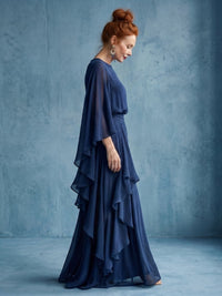 Women's Layered Sleeve Midi Dress with Drape Waist Front