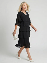 Women's Layered Tier Midi Dress with Short Sleeves Front