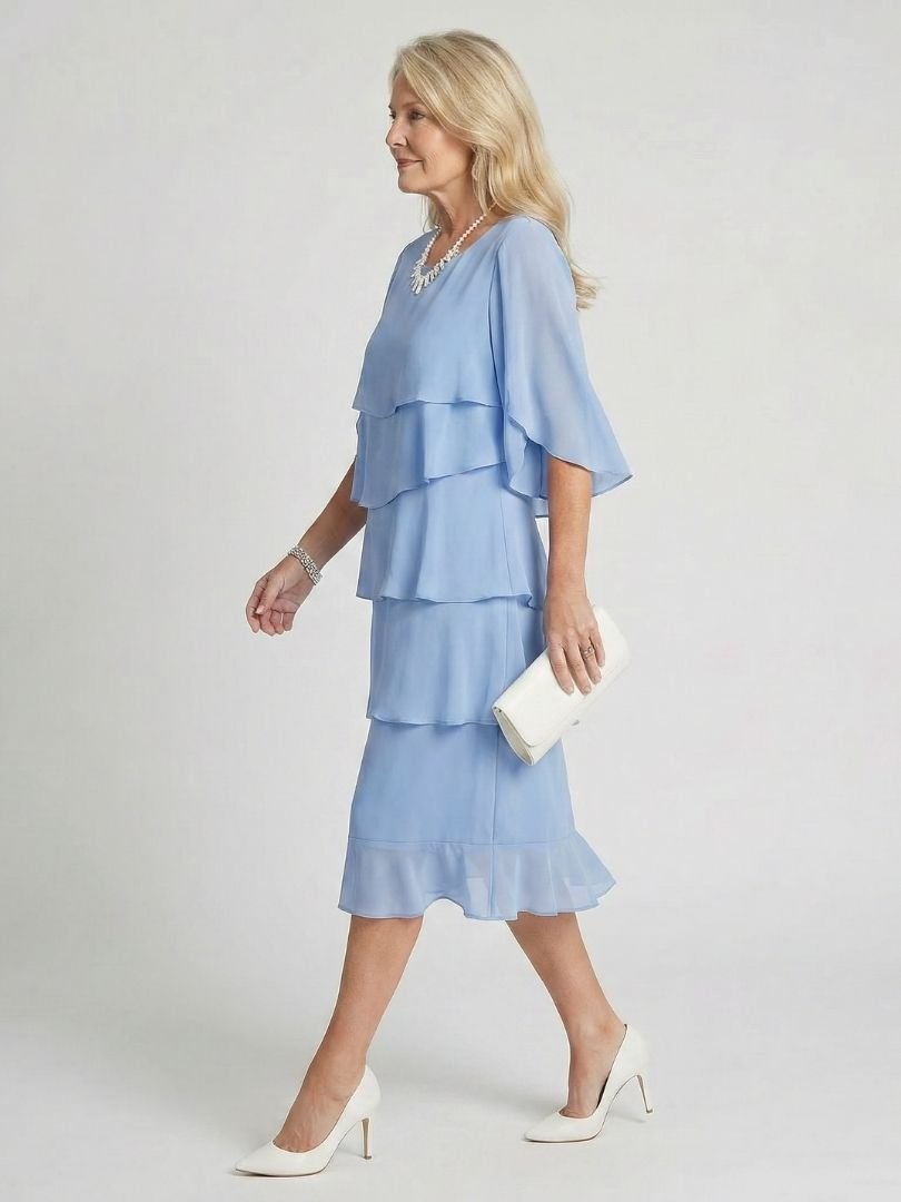 Women's Layered Tier Midi Dress with Short Sleeves Full