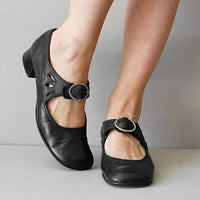 Women's Leather Low Heel Shoes with Buckle Strap Detail