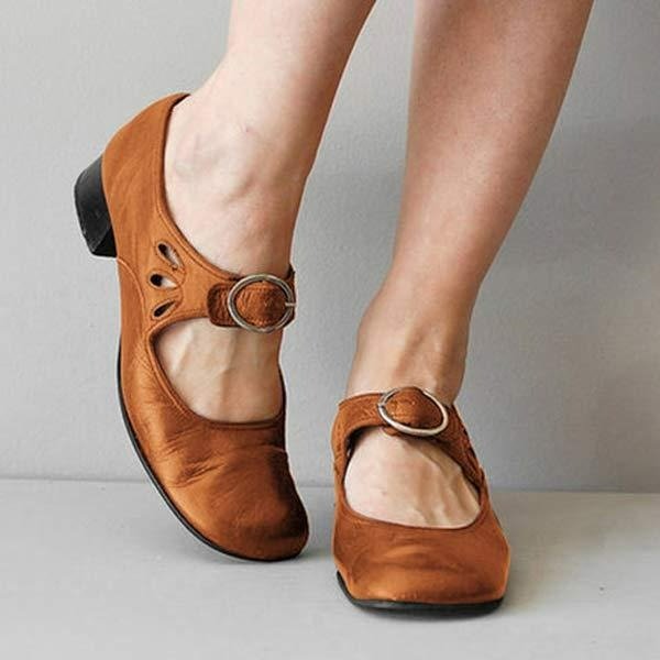 Women's Leather Low Heel Shoes with Buckle Strap Front