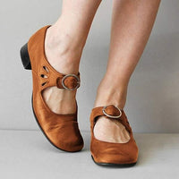 Women's Leather Low Heel Shoes with Buckle Strap Front