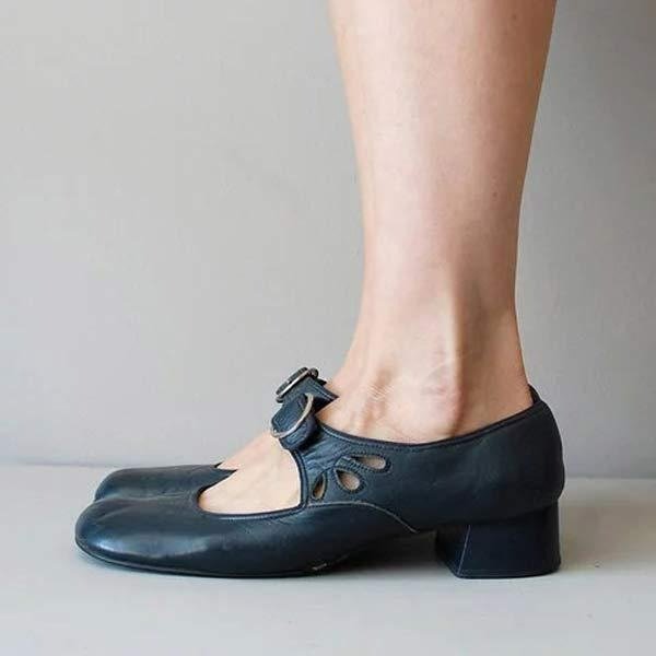 Women's Leather Low Heel Shoes with Buckle Strap Side