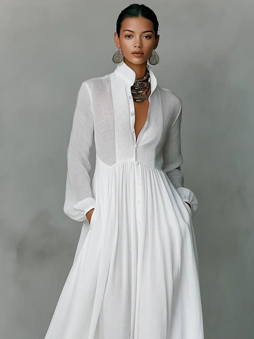 Women's Linen Blend Maxi Shirt Dress with Stand Collar and Pockets Back