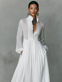 Women's Linen Blend Maxi Shirt Dress with Stand Collar and Pockets Back