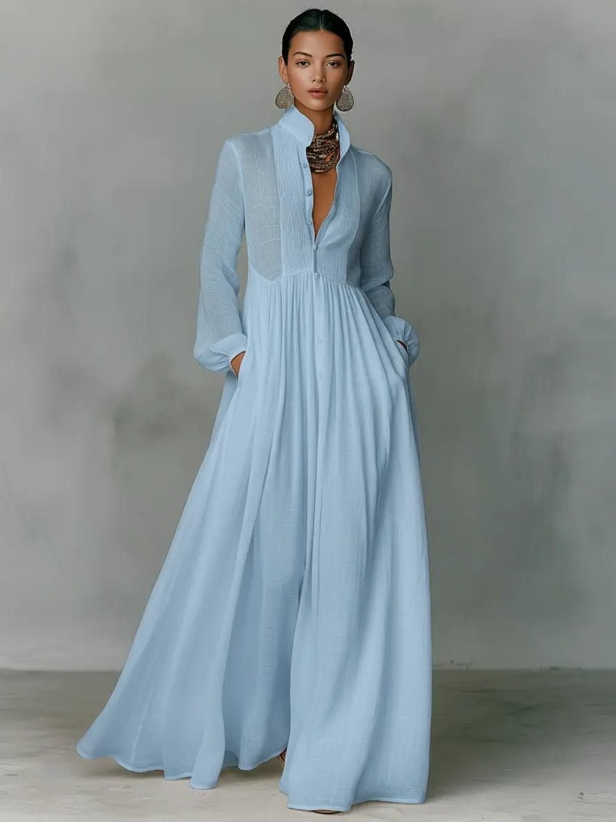 Women's Linen Blend Maxi Shirt Dress with Stand Collar and Pockets Detail