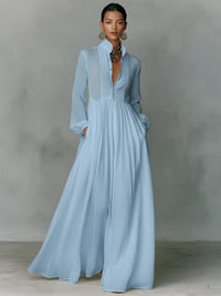 Women's Linen Blend Maxi Shirt Dress with Stand Collar and Pockets Detail