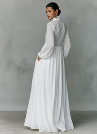 Women's Linen Blend Maxi Shirt Dress with Stand Collar and Pockets Front