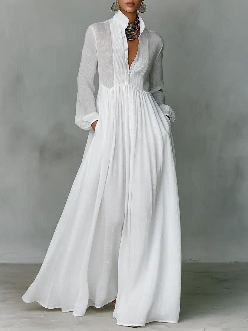 Women's Linen Blend Maxi Shirt Dress with Stand Collar and Pockets Hero