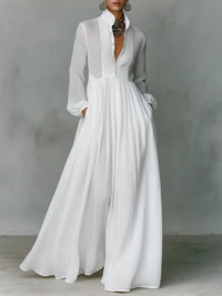 Women's Linen Blend Maxi Shirt Dress with Stand Collar and Pockets Hero