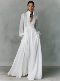 Women's Linen Blend Maxi Shirt Dress with Stand Collar and Pockets Lifestyle