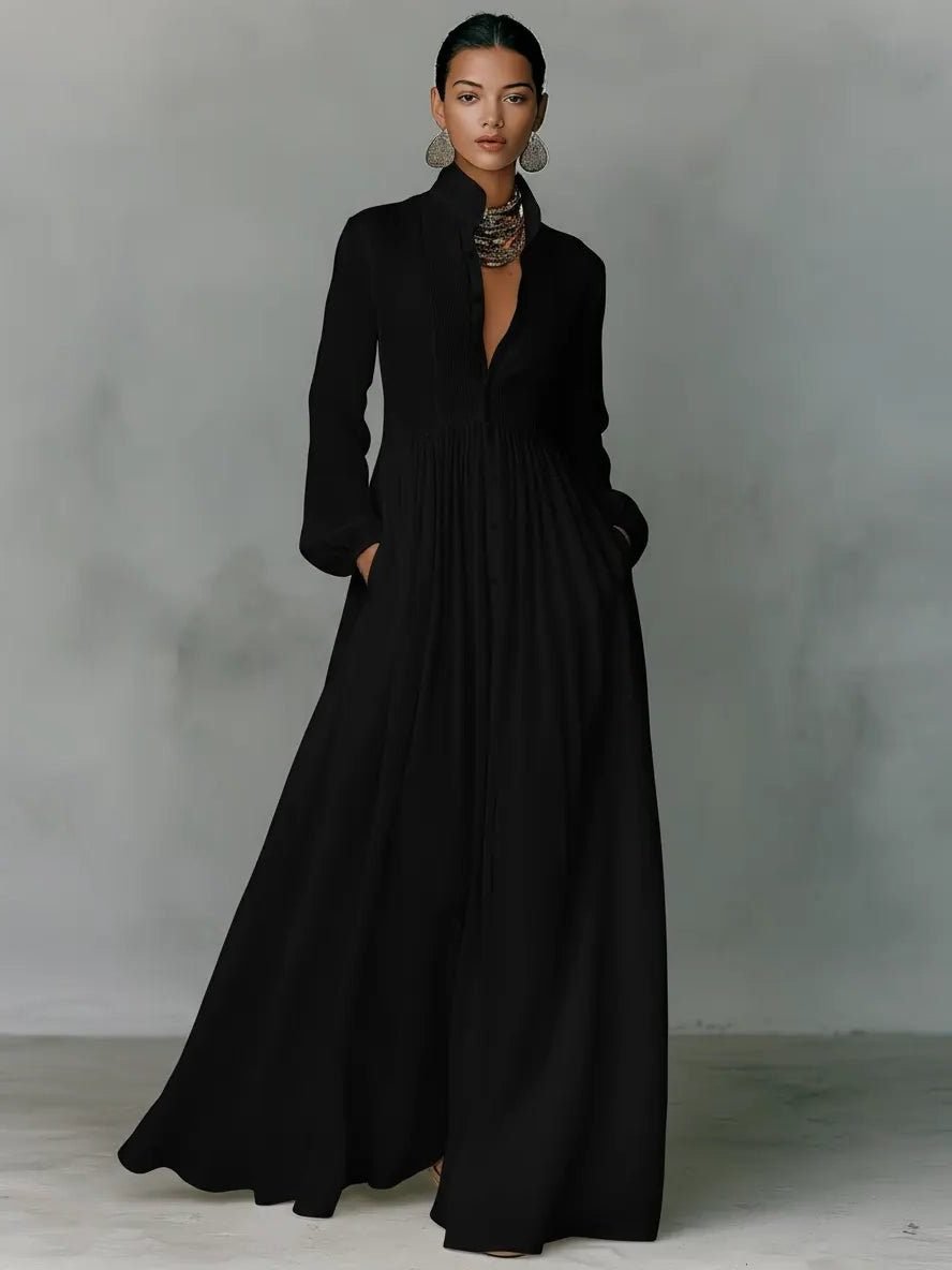 Women's Linen Blend Maxi Shirt Dress with Stand Collar and Pockets Side