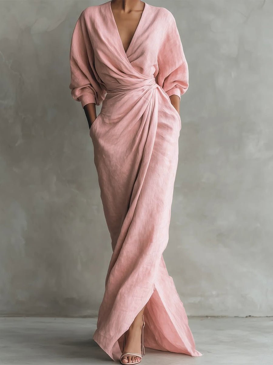 Women's Linen Wrap Maxi Dress with V-Neckline Hero