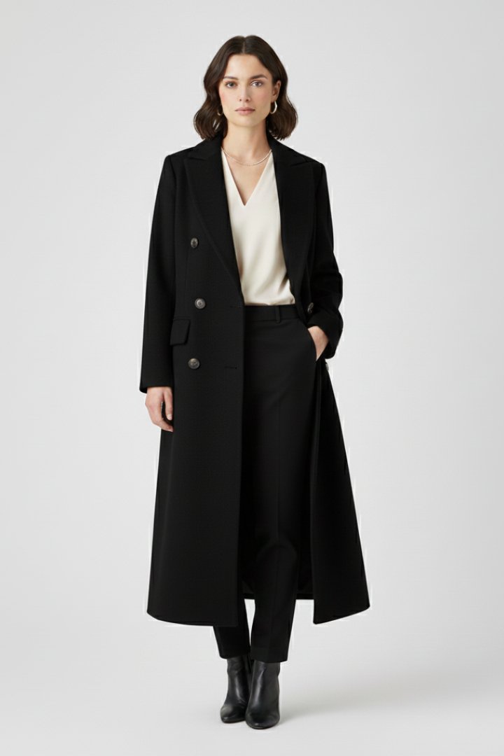 Women's Long Coat with Lapel Collar and Button Front Angle