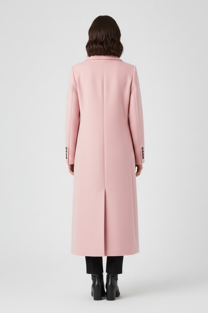 Women's Long Coat with Lapel Collar and Button Front Back