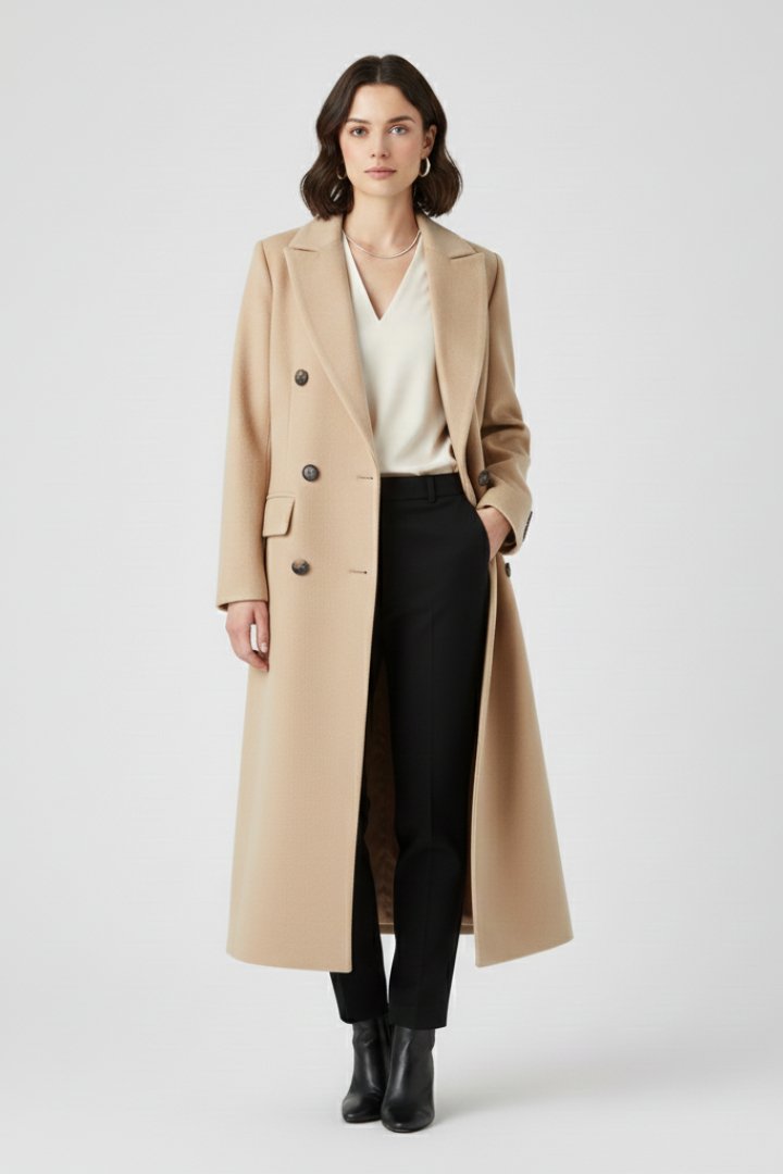 Women's Long Coat with Lapel Collar and Button Front Close Up