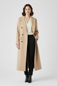 Women's Long Coat with Lapel Collar and Button Front Close Up