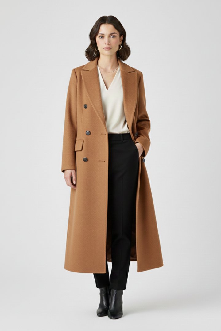 Women's Long Coat with Lapel Collar and Button Front Full