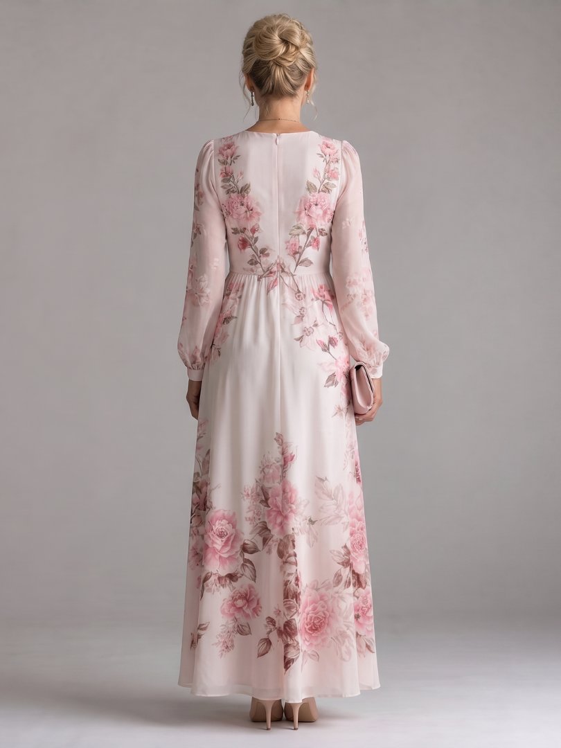 Women's Long Sleeve Natural Flow Floral Midi Dress Back