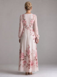 Women's Long Sleeve Natural Flow Floral Midi Dress Back