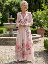 Women's Long Sleeve Natural Flow Floral Midi Dress Close Up