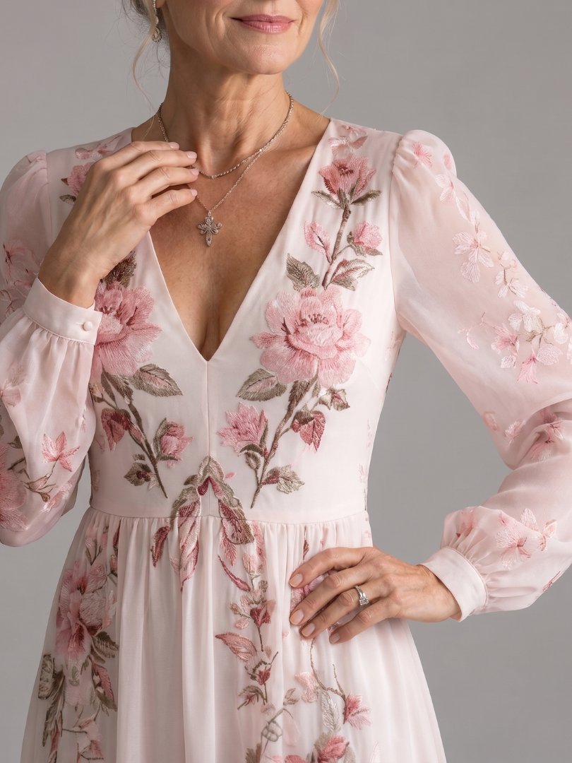 Women's Long Sleeve Natural Flow Floral Midi Dress Detail