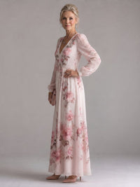 Women's Long Sleeve Natural Flow Floral Midi Dress Front