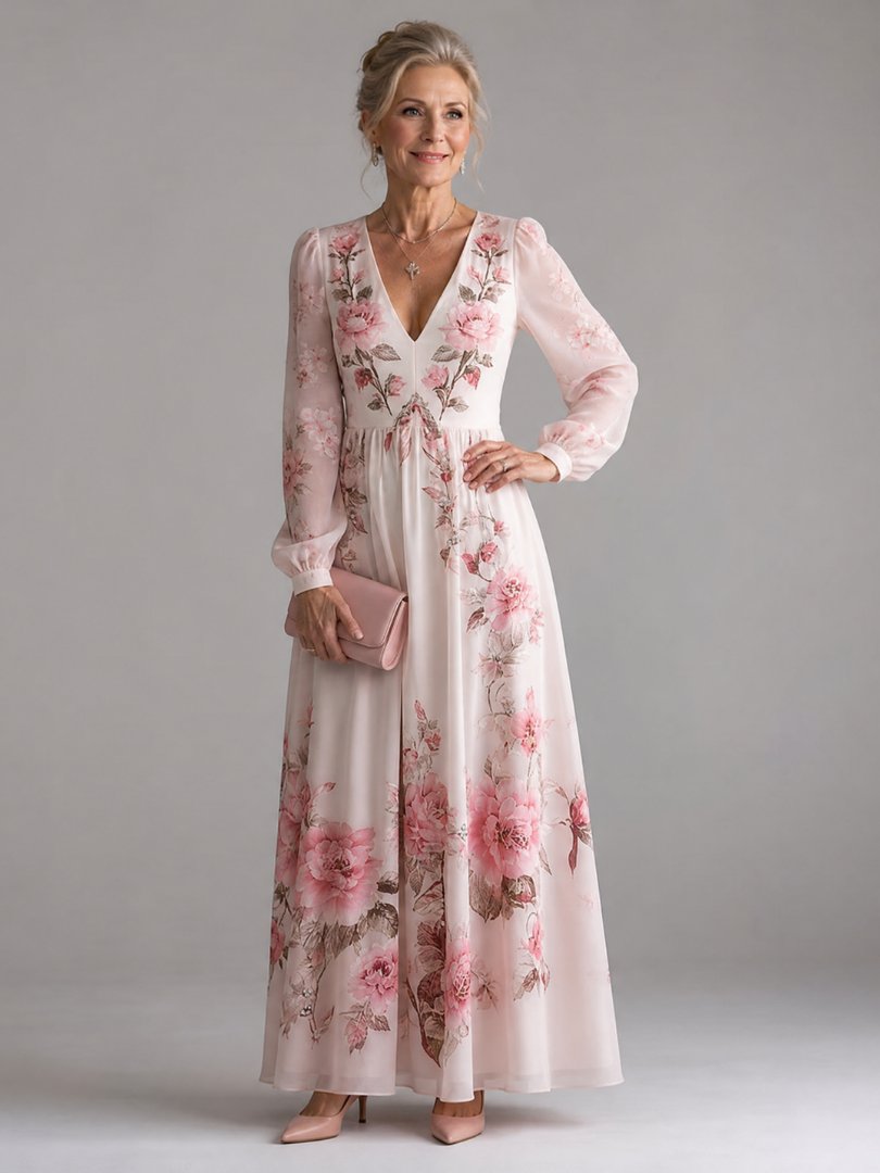 Women's Long Sleeve Natural Flow Floral Midi Dress Hero