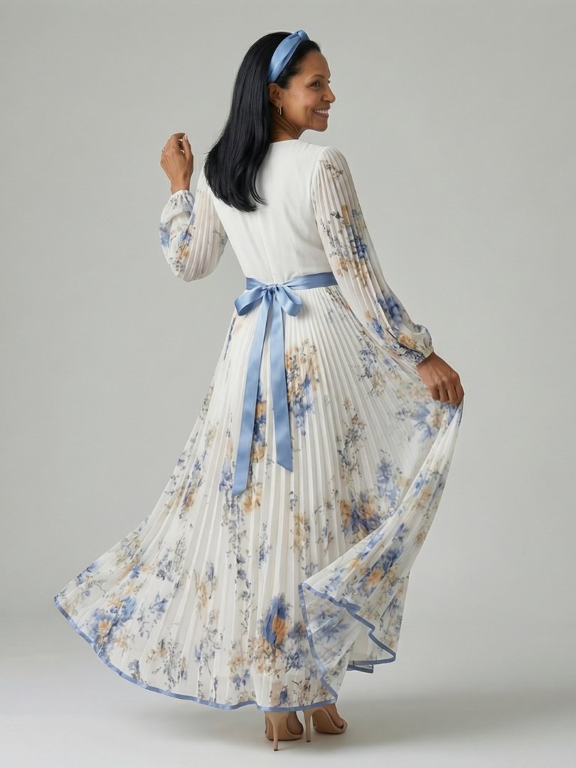 Women's Long Sleeve Pleated Wrap Midi Dress Back