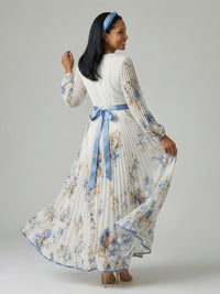 Women's Long Sleeve Pleated Wrap Midi Dress Back