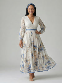 Women's Long Sleeve Pleated Wrap Midi Dress Front