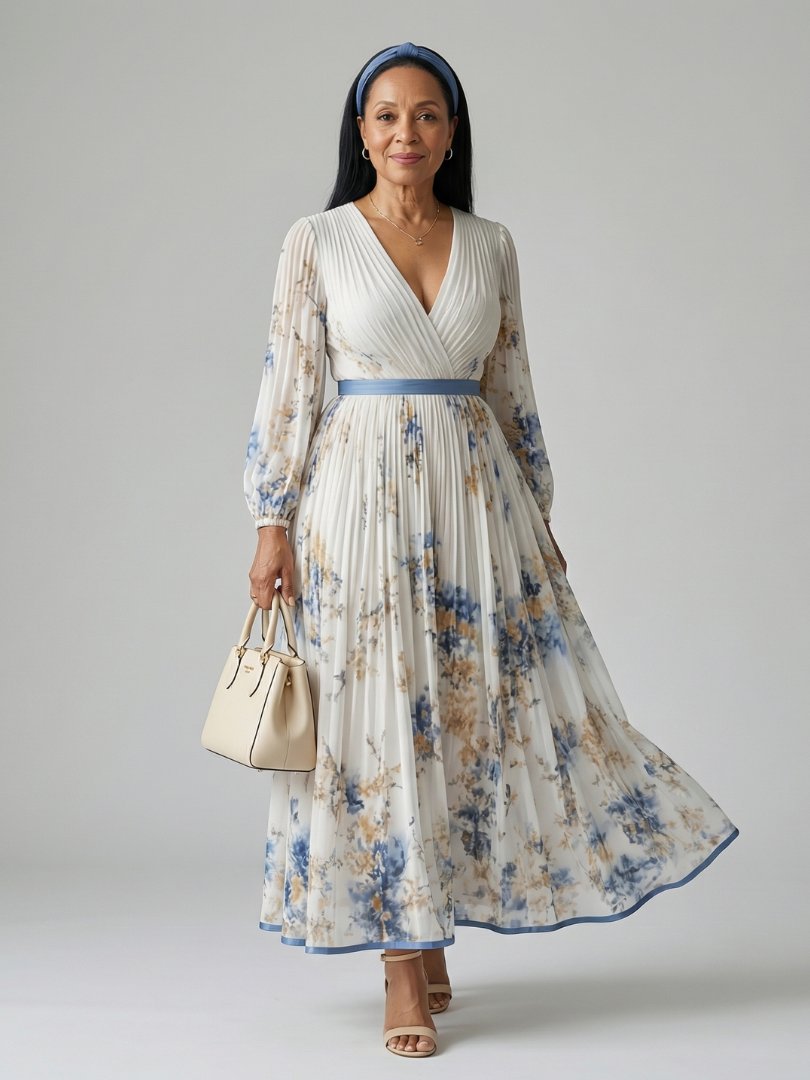 Women's Long Sleeve Pleated Wrap Midi Dress Hero