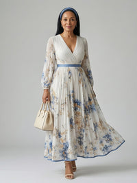 Women's Long Sleeve Pleated Wrap Midi Dress Hero