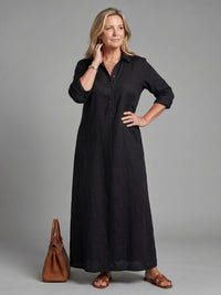 Women's Long Sleeve Relaxed Silhouette Maxi Dress with Collar Angle