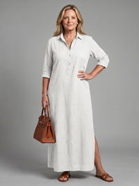 Women's Long Sleeve Relaxed Silhouette Maxi Dress with Collar Back