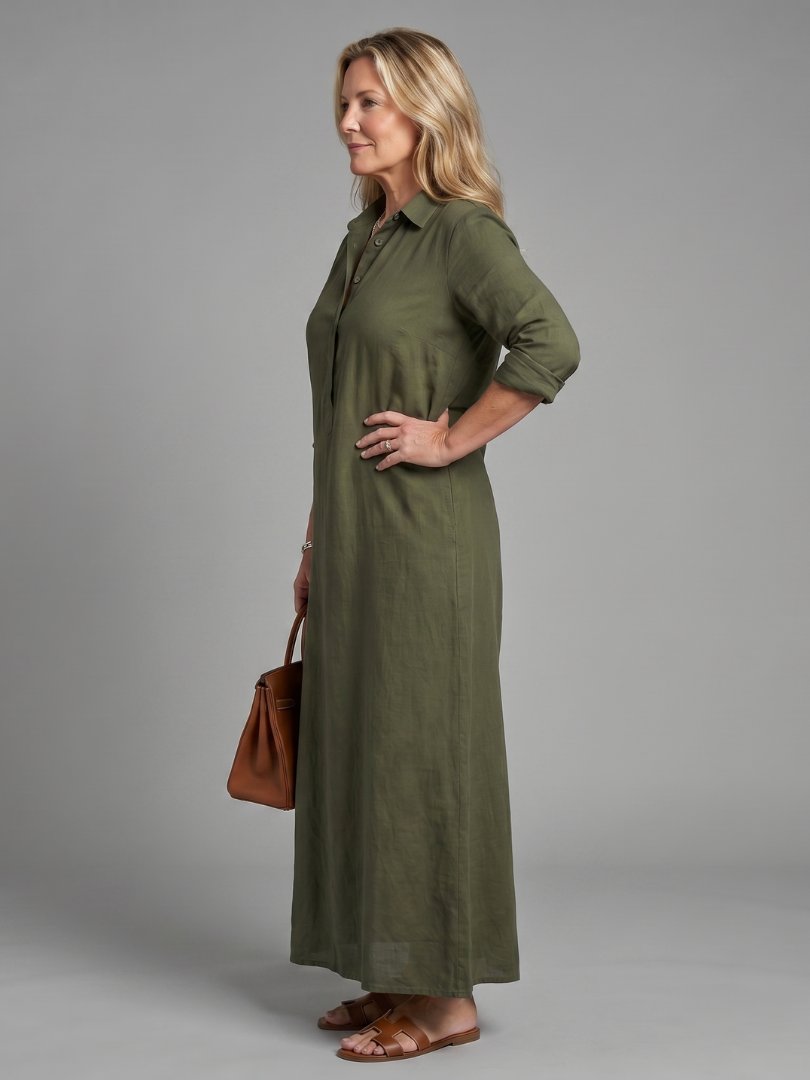 Women's Long Sleeve Relaxed Silhouette Maxi Dress with Collar Front