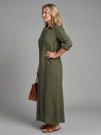 Women's Long Sleeve Relaxed Silhouette Maxi Dress with Collar Front