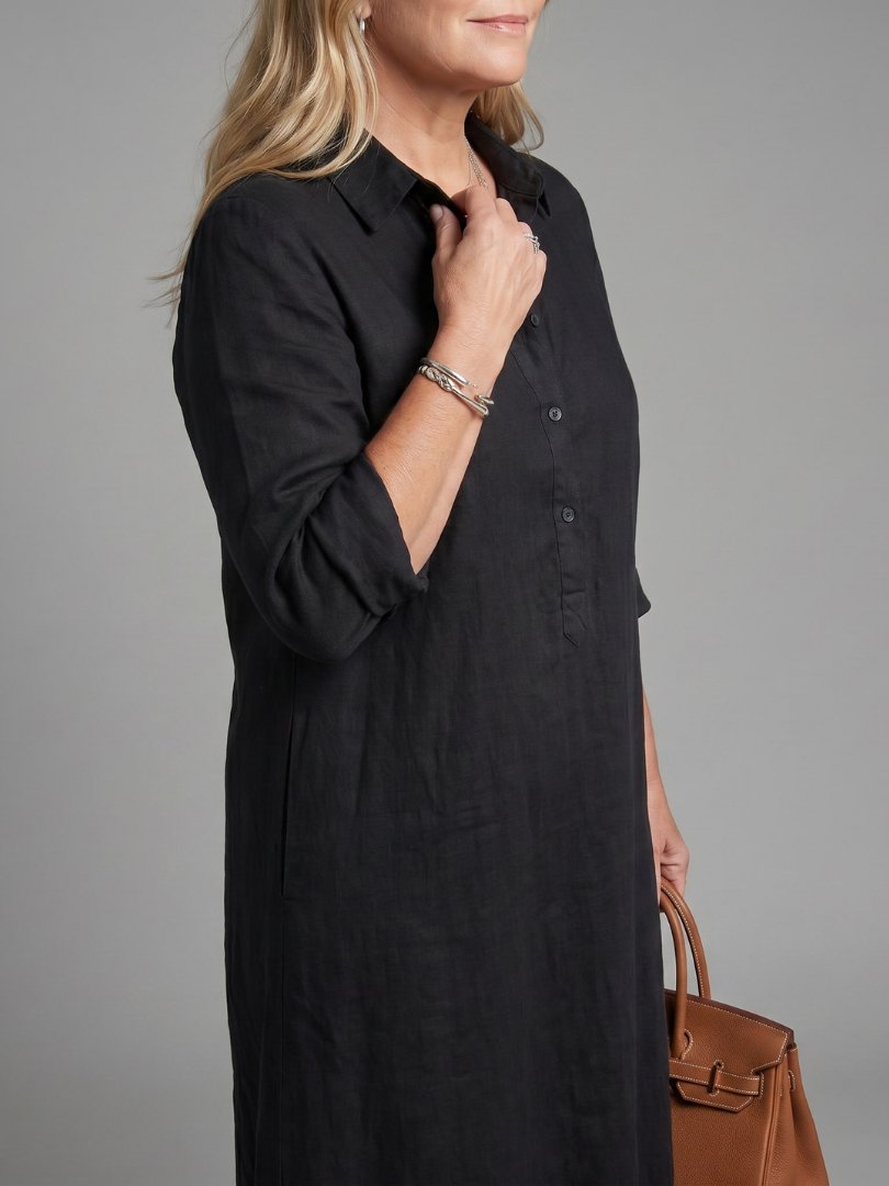 Women's Long Sleeve Relaxed Silhouette Maxi Dress with Collar Full