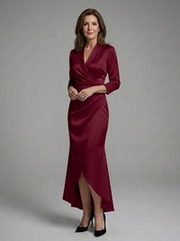 Women's Long Sleeve Wrap Midi Dress with High Low Hem Angle