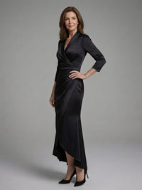 Women's Long Sleeve Wrap Midi Dress with High Low Hem Back