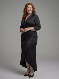 Women's Long Sleeve Wrap Midi Dress with High Low Hem Close Up