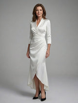 Women's Long Sleeve Wrap Midi Dress with High Low Hem