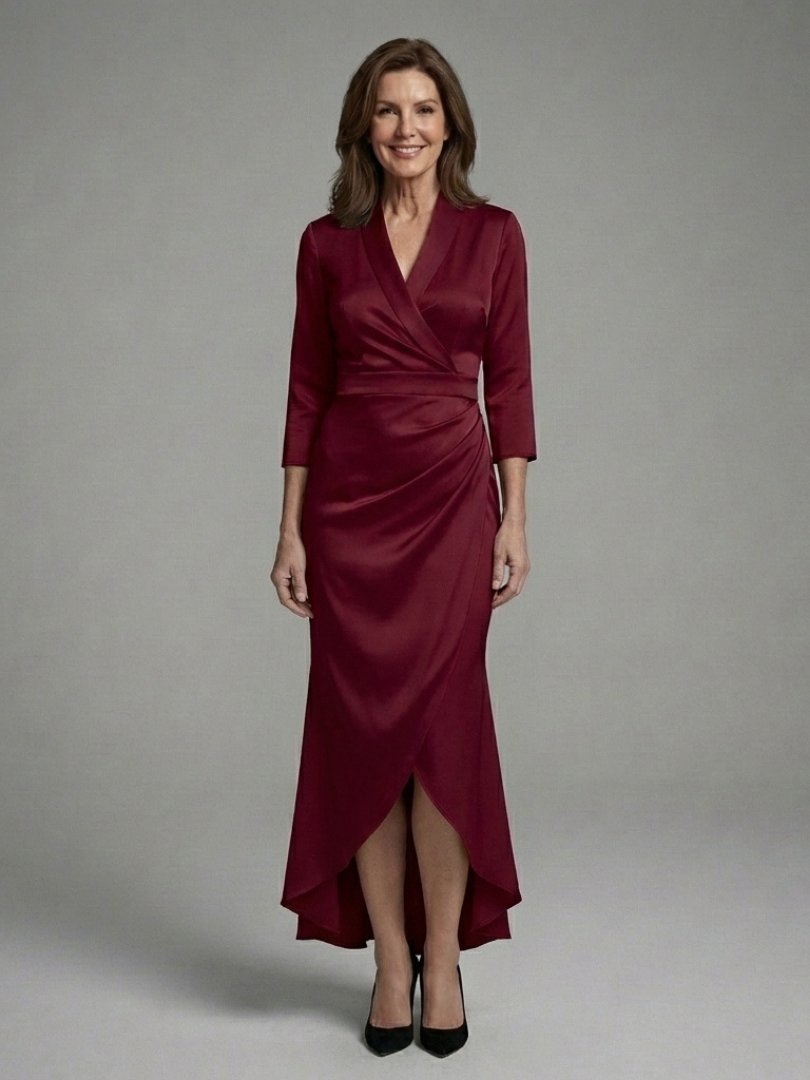 Women's Long Sleeve Wrap Midi Dress with High Low Hem Lifestyle