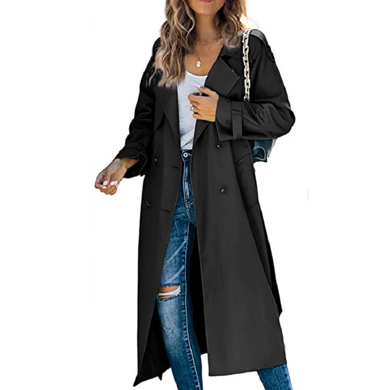 Women's Long Trench Coat | Classic Double-Breasted Style Close Up